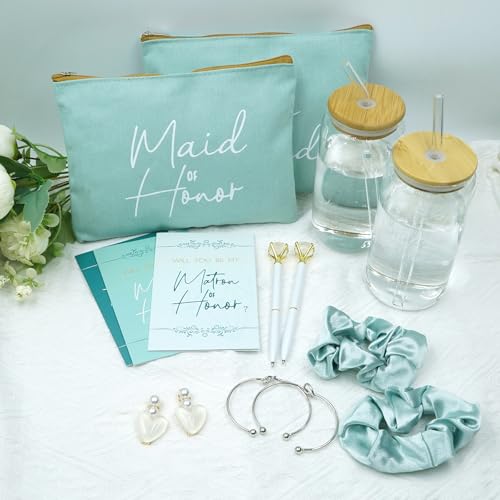 56pcs 8set Bridesmaid gifts bridesmaid proposal gifts, Maid of Honor Gifts contain 16oz Glass Cups Cosmetic Makeup Bags Invited Cards Scrunchies Hair Knotted Bracelets Diamond Pens love clip (Green)