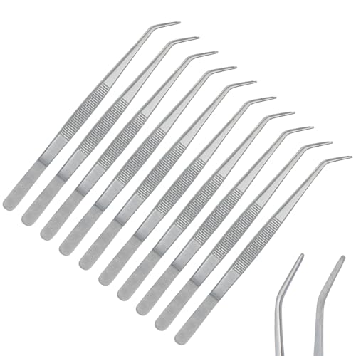 Stainless Steel Tweezers, with Curved Serrated Tip Multipurpose Tweezers Sewing Machine Tweezers Forceps for Craft Repairing (10)