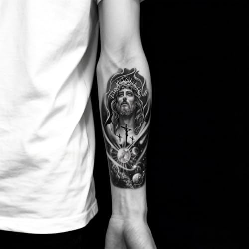 2 Sheets Realistic Animal Temporary Tattoos Stickers Jesus God Cross Space Planet Designs For Men Waterproof Arm Leg Fake Body Art, Gym & Parties Bold Masculine Decals