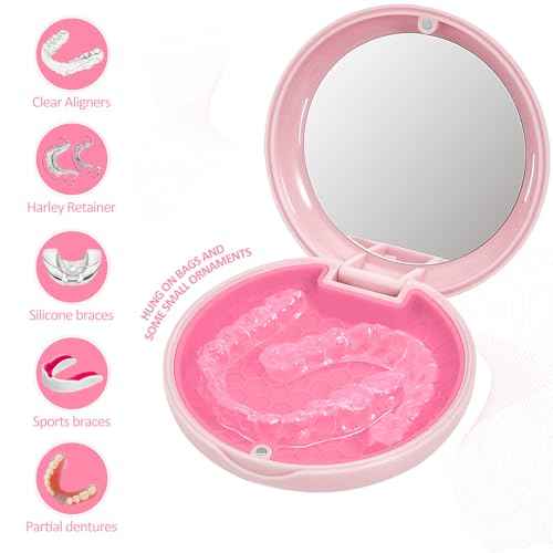 Retainer Case Slim Aligner Case with Vent Holes Removable Inner Tray Silicone for Easy Cleaning, Retainer Removal Tool and Brush (Opaque Pink)