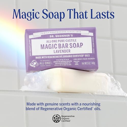 Dr. Bronner's Pure-Castile Magic Bar Soap (Lavender, 5 Ounce, 12-Pack) - Made with Regenerative Organic Certified Oils, For Face, Body & Hair, Gentle & Moisturizing, Biodegradable, Vegan, Cruelty-free