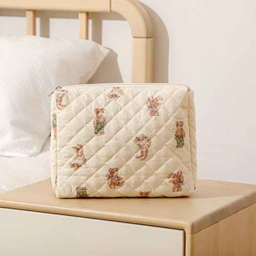 Quilted Cotton Makeup Bag 2Pcs Coquette Cosmetic Bag,Large Soft Floral Travel Toiletry Bag for Women and Girls (01Bear)