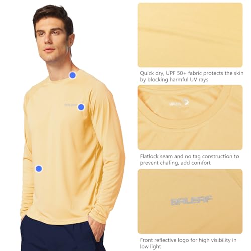 BALEAF Men's Sun Protection Shirts UV SPF T-Shirts UPF 50+ Long Sleeve Rash Guard Fishing Running Quick Dry Custard Size S