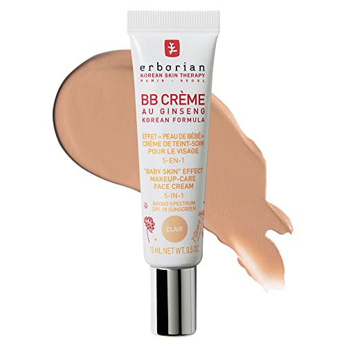 Erborian BB Cream with Ginseng, Fair (Clair) - Lightweight Buildable Coverage with SPF 20 & Ultra-Soft Matte Finish Minimizes Pores & Imperfections - Korean Face Skincare - 0.5 Oz