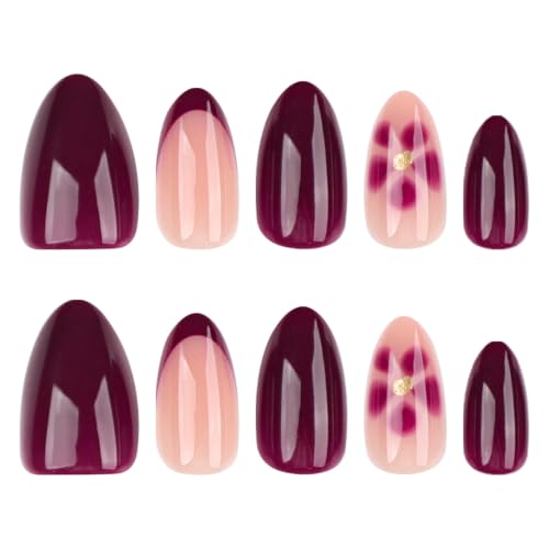 Burgundy Floral Press On Nails with French Tips - 24PCS