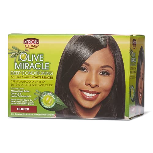 African Pride Olive Miracle Deep Conditioning No-Lye Relaxer Super - Contains Aloe Vera, Castor Oil & Biotin to Condition, Moisturize & Protect Hair, 1 Kit