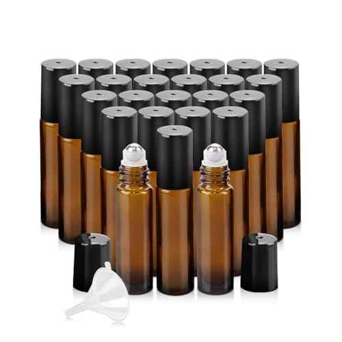 25 Pack Essential Oil Roller Bottles, 10ml Refillable Amber Glass Roller Bottles with Stainless Steel Roller Balls and Caps for Travel, Perfume and Lip Gloss