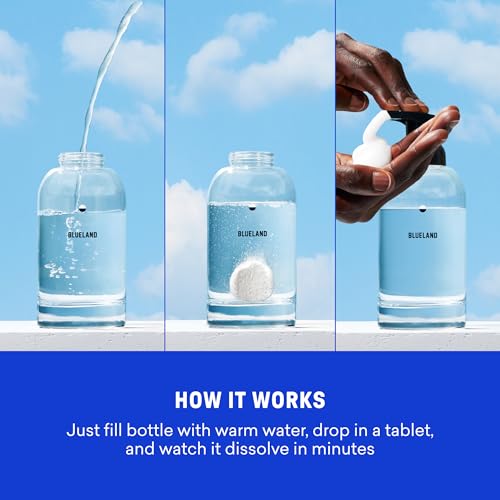 BLUELAND Hand Soap Starter Set, 1 Refillable Glass Foaming Hand Soap Dispenser in Slate with 4 Refill Tablets, Variety Scents, 4 x 9 Fl oz