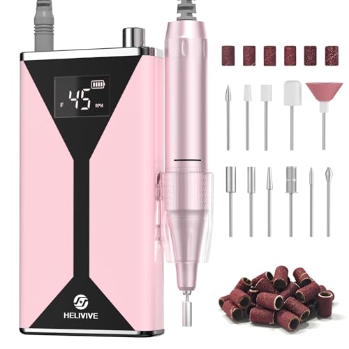 HELIVIVE Professional Electric Nail Drill - 45000RPM Portable & Rechargeable with 11 Bits