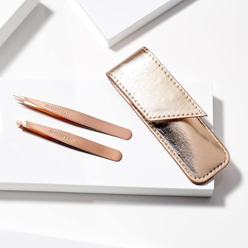 Tweezerman Rose Gold Petite Point and Slant Tweezer Set with Travel Case - Eyebrows for Women and Men