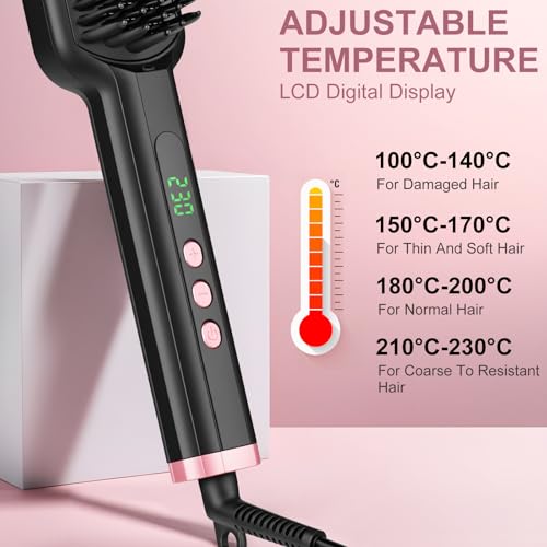 SIQUER Ionic Hair Straightener Brush – 13 Temps LCD, 45s Fast Heating