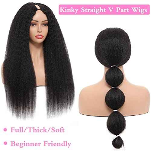 V Part Wig Human Hair Wigs for Black Women Kinky Straight V Part Wig 12A Virgin Hair Half Wigs for Women No Lace Upgrade U Part Human Hair Wigs Full Head Clip in Half Wig V Shape Wigs (14inch)