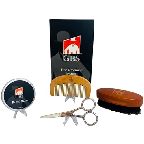 G.B.S Men's Premium Beard Kit, Oval Wood Handle Boar Bristle Brush, Beard Comb, Beard Balm and Nose Hair and Mustache Trimming Scissors