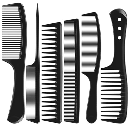 Professional Hair Comb Set - 6 Black Wide & Fine Tooth Styling & Detangling Tools