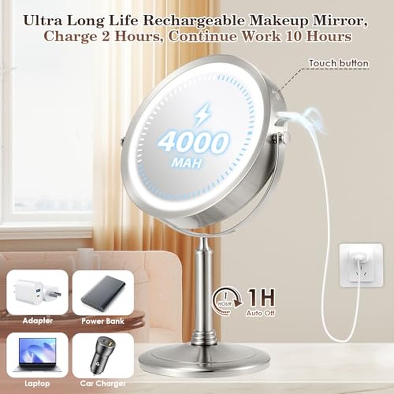 4000mAh Large Rechargeable Lighted Makeup Mirror Nickel, 2-Sided 1X/10X HD Undistorted 8" Magnifying Mirror with 3 Color Lights Dimmable, 360¡Æ Swivel Seamless Cordless Travel Vanity Mirror -Detachable
