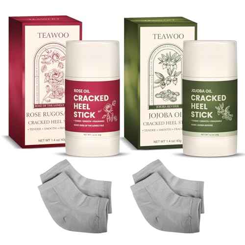 4 Pcs Cracked Heel Repair Set ?Comes with 2 Repair Sticks & 2 Foot Care Socks, Rose & Jojoba Oil Heel Balm for Dry Cracked Feet, No-Mess Applicator, Travel-Friendly