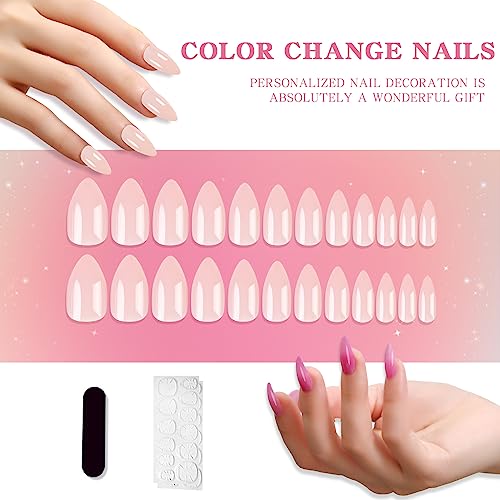 Sun Change Color Nail Tips Pink To Red Mood Change Manicure Kit Stiletto Acrylic Stick on Static Nails for Women Girls