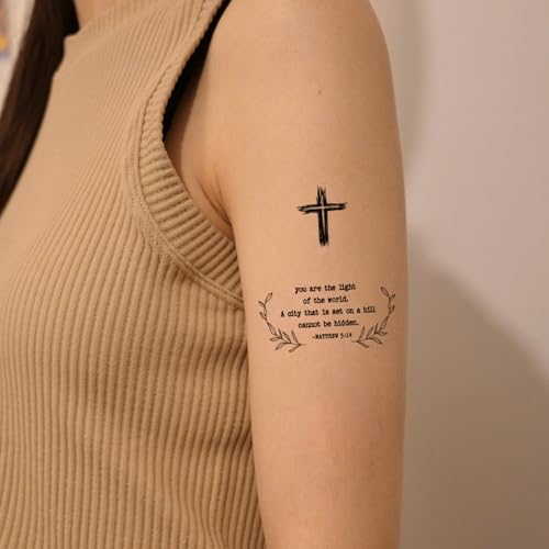 72 Pcs Christian Motivational Bible Verse Quotes Words and Cross Temporary Tattoos For Adults, Inspirational Believe Strength in God Realistic Black English Word Tattoo for Women Men 727