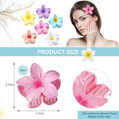 6Pcs Hawaiian Flower Hair Clips, Nonslip Strong Hold For Women,Large Hair Claw Clips for Thick Hair,Plumeria Big Cute Dasiy Hair Clips Beach Hair Accessories