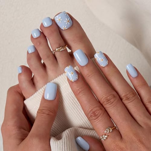 BTArtbox Press On Nails - Porch Sky Short Square 32Ct with 3D Flowers