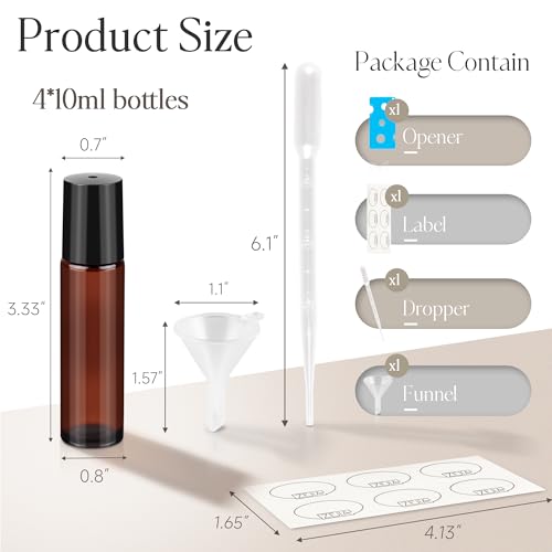 10ml Amber Glass Roller Bottles for Essential Oils, 4-Pack
