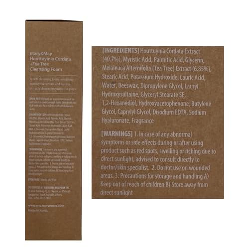 Mary&May Houttuynia Cordata + Tea Tree Deep Clean Foam (40.7% Heartleaf + 6.8% Tea Tree) ? Rich Cream Foam Pore Cleanser with Hyaluronic Acid, Korean Face Wash for Oily Sensitive Skin ? 5.07 fl oz