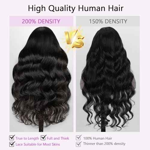 30 Inch Lace Front Wig Human Hair Pre Plucked 13x6 Body Wave HD Lace Front Wigs for Women Natural Black 200% Density Glueless Wigs with Baby Hair
