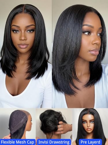 Nadula Short Layered Yaki Bob Wig 10" Human Hair 180% Density