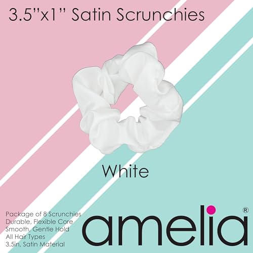 Eight (8), White, Soft Satin Scrunchies.