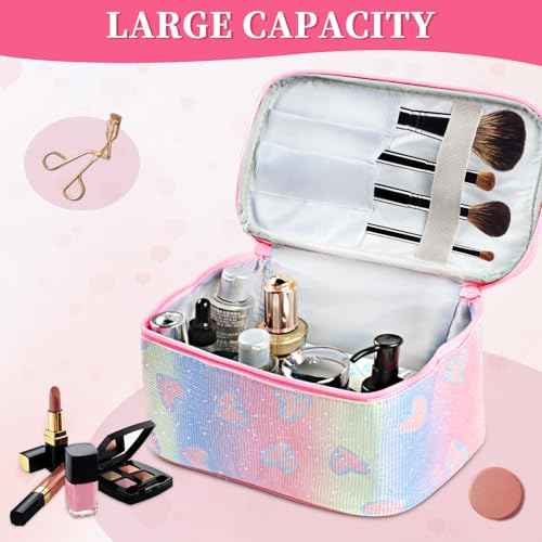 Makeup Bag, Travel Toiletry Bags With Handle and Divider, Large Capacity Cosmetic Bag for Women, Cute Makeup Organizer Case for Girls Sister Gifts