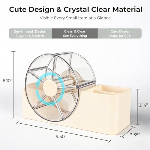 Cream Hair Accessories Organizer with Rotating 5-Section Wheel & 2-Slot Brush Holder