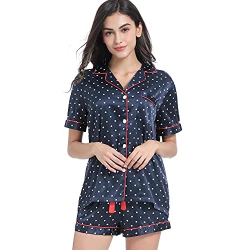 Women's Satin Pajama Set 2-Piece Sleepwear Loungewear Button Down Short Sleeve Silky PJ Set