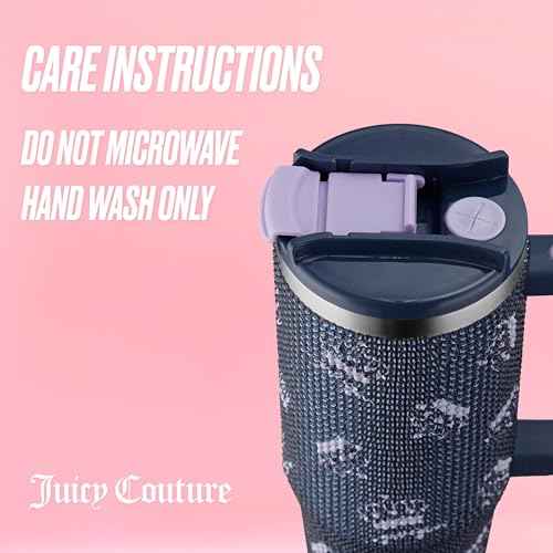Juicy Couture Jetsetter 30oz Rhinestone Tumbler with Handle and Straw Topper, Navy Blue Crowns