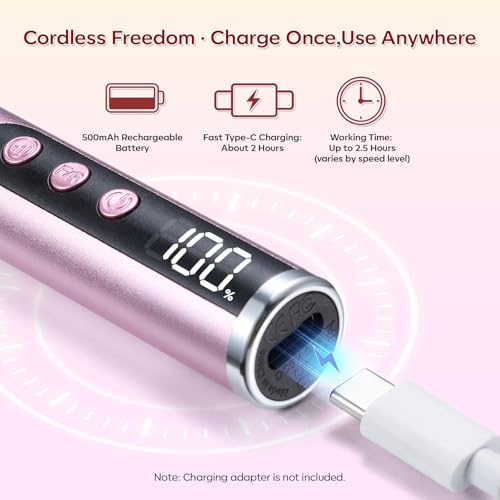 Cordless Nail Drill for Beginners - 25000RPM E-File Kit, Pink