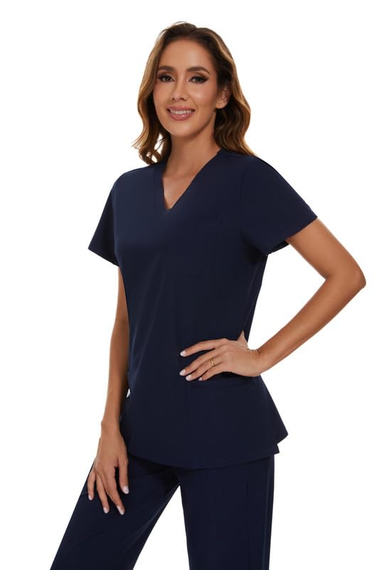 COZYFIT Scrubs for Women Set - Stretch V-Neck Scrub Top & Jogger Pant with 8 Pockets, Yoga Waistband, Anti Wrinkle, Slim Fit Women Scrubs - Navy Blue, XS