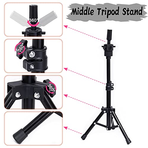 LIYATE Wig Stand Tripod with Head, Wig Head Stand with Mannequin Head, 23 Inch Wig Head, Mini Wig Stand Tripod for Mannequin Head, Wig Making Kit and Supplies, Wig Cap, T Pins Set, Phone Holder