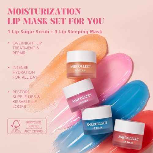 Lip Mask Set, 1 Lip Scrub +3 Overnight Lip Mask, Lip Glowy Balm and Scrub for Women, Exfoliating and Hydrating Dry, Chapped, Crack Lips, 4 Pack Lip Skincare Gift Set