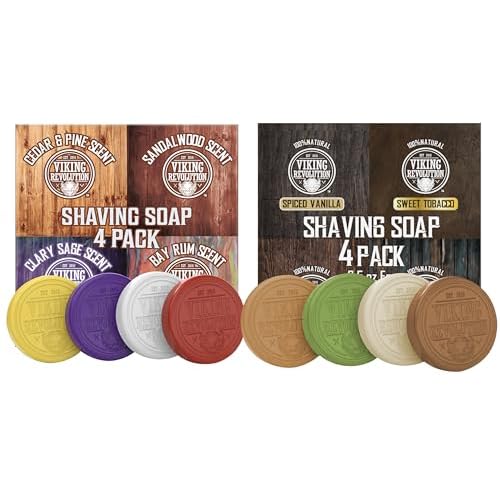 Viking Revolution Shaving Soap for Men 4 Pack Variety Vanilla, Bergamot, Tobacco, Oud (2.5 Oz each) and Shaving Soap 4 Pack Variety Sandalwood, Clary Sage, Cedar, Bay Rum (2.5 Oz each) - Wet Shave