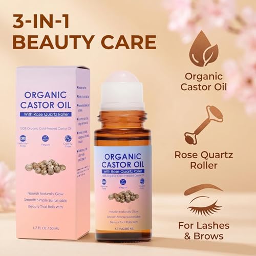 Organic Castor Oil Roll-On with Rose Quartz Roller - 100% Pure Moisturizer for Face, Hair & Eyebrows