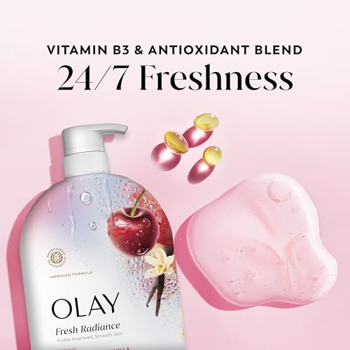 Olay Body Wash for Women, Fresh Radiance, 24/7 Skin-Loving Freshness, Visibly Radiant, Plant Based Cleansers, Vitamin B3 & Antioxidant Blend, For All Skin Types, Black Cherry & Vanilla Scent, 35 fl oz