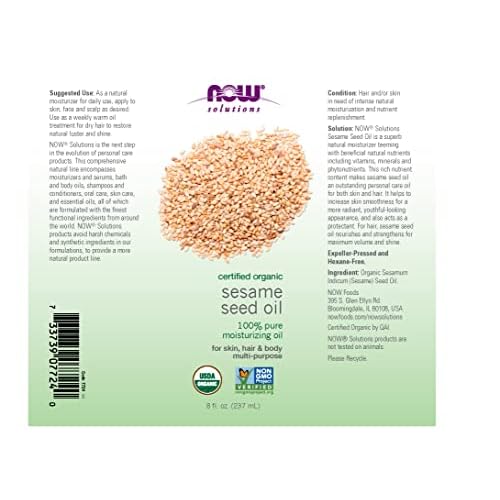 NOW Solutions, Organic Sesame Seed Oil, 100% Pure Moisturizing Oil for Skin and Hair, with Vitamins, Minerals and Phytonutrients, 8-Ounce (Pack of 5)