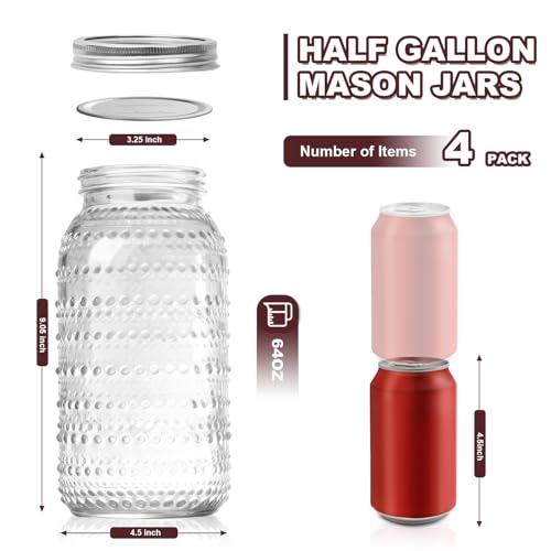 Wide Mouth Mason Jars 64 oz, 4 Pack - Half Gallon Glass Canning Jars