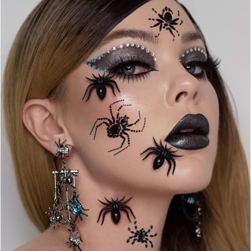 Spider Face Jewels Gems Rhinestones Spider Web Tattoos Makeup Crystal Temporary Stickers Body Jewels for Women Halloween Festival Party Dress up