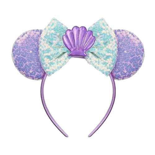 JIAHANG Mermaid Mouse Ears Headband with Sequin Bow, Seashell Hair Band Party Decoration Headwear for Women Girls