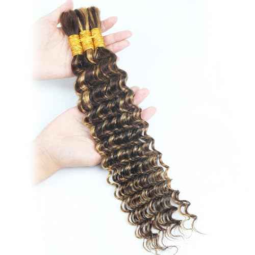 Highlight Human Braiding Hair for Boho Braids 110g Deep Water Wave Bulk Human Hair for Braiding Knotless 12A Curly Bulk Bohemian 3 Bundles P/430 Unprocessed Brazilian Ombre Extensions 20 Inch