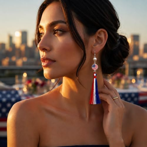 5.7 inch Tassel Patriotic Earrings - Handmade 925 Silver Plated Jewelry