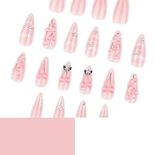Mivota Almond Press-On Nails Set - Pink Cherry 3D Design, 24pcs