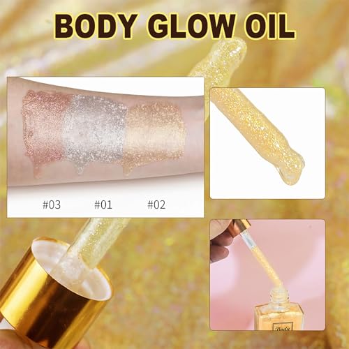 Hydrating Shimmer Body Oil, Golden Yellow Liquid Luminizer Body Glitter Long Lasting, Body Highlighter Shimmer Makeup, Face Body Glow Shimmer for Women, Non-Sticky Shine Glitter Liquid