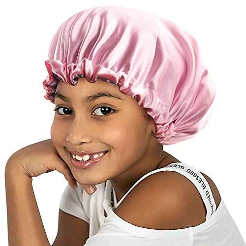 Medium Kids Satin Bonnet Sleeping Cap for Natural Hair Teens Child Adjustable Satin Cap for Night Sleeping Reversible Double Layer Pink/Purple