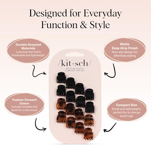 Kitsch Mini Claw Clips for Women - 16 Pack Tortoise & Black Hair Clips
